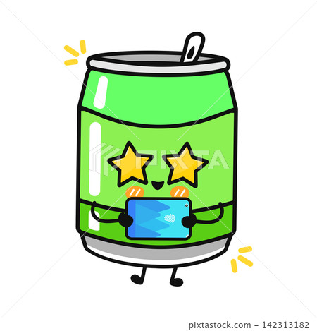 Cute green soda can character using smartphone Cute green soda can character using smartphone 142313182