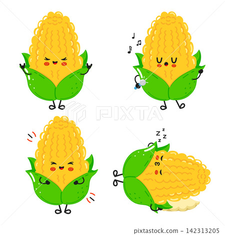 Cute corn cob character set with singing and sleeping poses Cute corn cob character set with singing and sleeping poses 142313205
