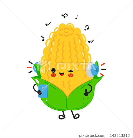 Cute corn cob character listening to music Cute corn cob character listening to music 142313213