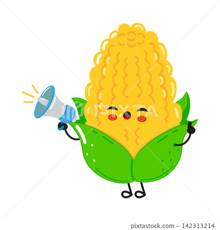 Cute corn cob character using blue megaphone Cute corn cob character using blue megaphone 142313214