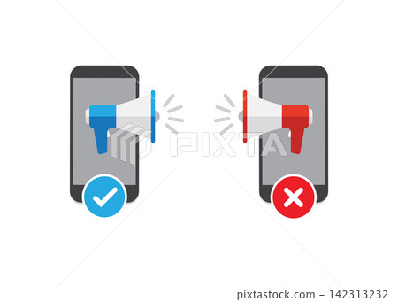 two smartphones with megaphones showing correct and wrong communication two smartphones with megaphones showing correct and wrong communication 142313232