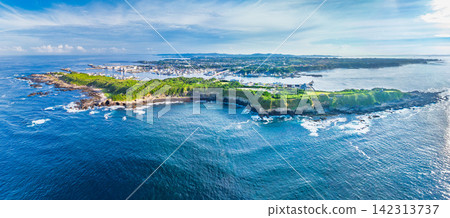 A panoramic aerial photograph taken from 145 meters above Jogashima Island on a clear summer morning, showing the entire island and the view stretching from Sagami Bay to Tokyo Bay. A panoramic aerial photograph taken from 145 meters above Jogashima Island on a clear summer morning, showing the entire island and the view stretching from Sagami Bay to Tokyo Bay. 142313737