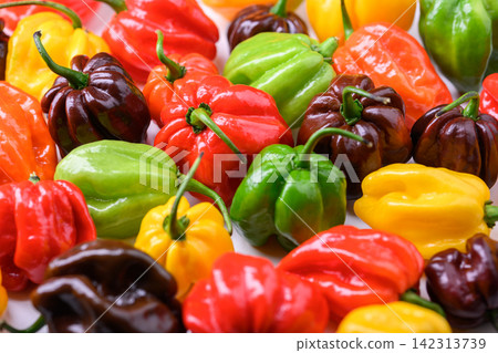 Assorted habanero peppers in different colors Assorted habanero peppers in different colors 142313739