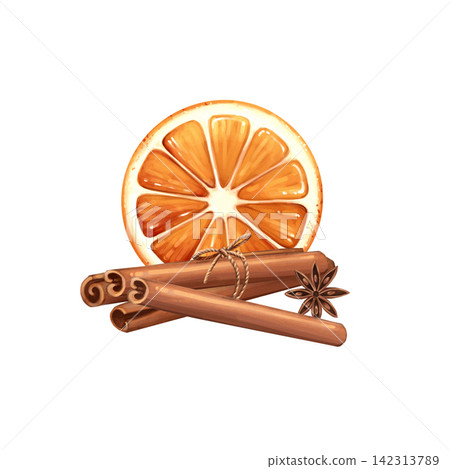 Hand-drawn orange slice and cinnamon sticks clipart illustration Hand-drawn orange slice and cinnamon sticks clipart illustration 142313789