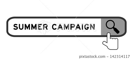 Search banner in word summer campagin with hand over magnifier icon on white background Search banner in word summer campagin with hand over magnifier icon on white background 142314117