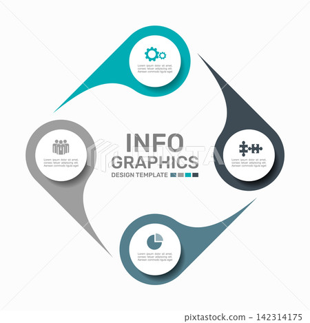 Circular business infographic template featuring interlocking fluid teardrop pin shapes. Vector illustration. Circular business infographic template featuring interlocking fluid teardrop pin shapes. Vector illustration. 142314175