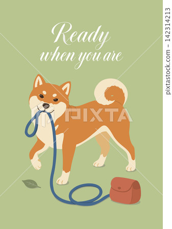 一隻柴犬,準備出門散步,牽著狗繩,旁邊還有一張標語牌。 一隻柴犬,準備出門散步,牽著狗繩,旁邊還有一張標語牌。 142314213