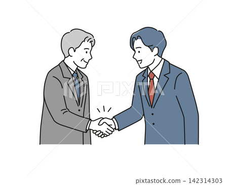 一幅插圖描繪了男商務人士在完成B2B商業交易後握手的場景。 一幅插圖描繪了男商務人士在完成B2B商業交易後握手的場景。 142314303