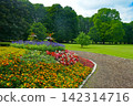 Beautiful Landscaped Park Garden With Bright Red Yellow Purple Flowers Blooming Next To Curved Walkway Path. 142314716
