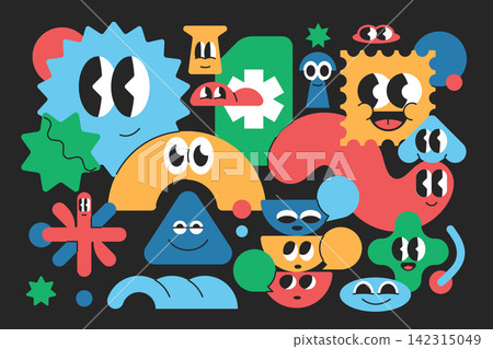 Geometric shape element. Funny and groovy cartoon character y2k style Geometric shape element. Funny and groovy cartoon character y2k style 142315049
