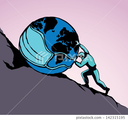 A man rolls a earth up the hill. Vector drawing A man rolls a earth up the hill. Vector drawing 142315195