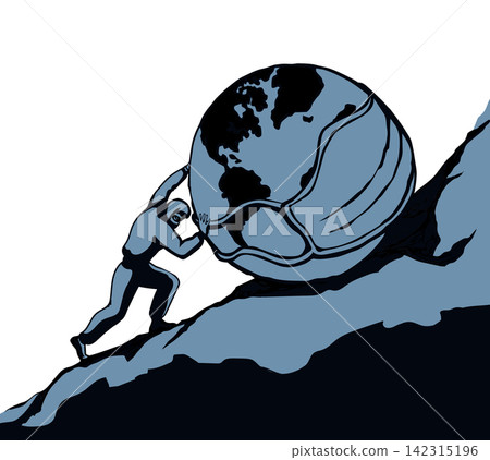 A man rolls a earth up the hill. Vector drawing A man rolls a earth up the hill. Vector drawing 142315196
