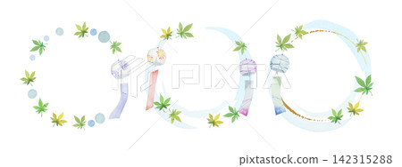 Goldfish, blue maple leaves, wind chimes, and a summer landscape watercolor illustration frame Goldfish, blue maple leaves, wind chimes, and a summer landscape watercolor illustration frame 142315288