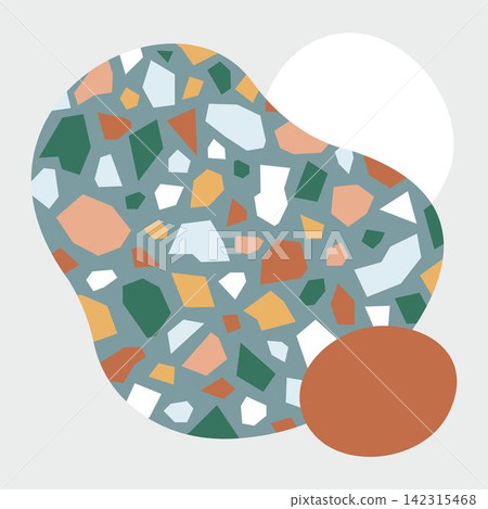 Abstract terrazzo pattern with colorful marble shards and ceramic tile spots. Features green, orange, white, and blue elements in a modern design. Abstract terrazzo pattern with colorful marble shards and ceramic tile spots. Features green, orange, white, and blue elements in a modern design. 142315468