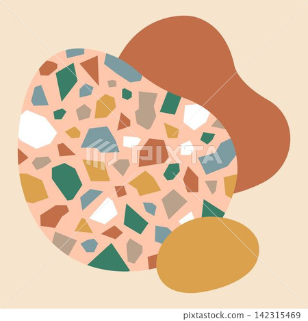 Abstract terrazzo pattern with colorful marble shards and ceramic tile spots. Features various shapes in pastel colors on a light background. Abstract terrazzo pattern with colorful marble shards and ceramic tile spots. Features various shapes in pastel colors on a light background. 142315469