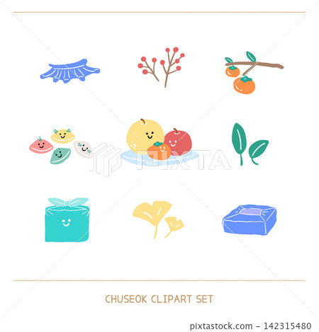 Cute Korean Chuseok Clipart Set, Persimmon and Songpyeon 142315480