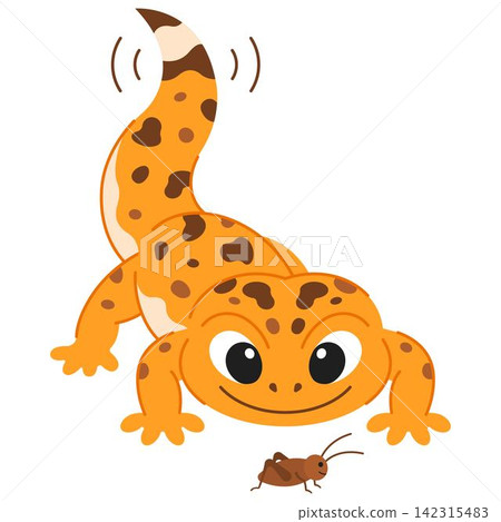 A cartoon-style leopard gecko with orange skin and black spots is crawling towards a small brown cricket. A cartoon-style leopard gecko with orange skin and black spots is crawling towards a small brown cricket. 142315483