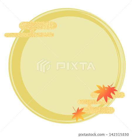 日式圓形相框,飾以紅色秋葉和雲朵圖案。 日式圓形相框,飾以紅色秋葉和雲朵圖案。 142315830