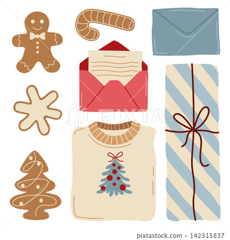 Hand-drawn Christmas clip art illustrations, letters to Santa, New Year sweater, gingerbread cookies for winter seasonal packaging 142315837