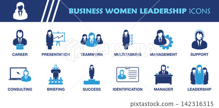 Business Women Leadership Icon Set. Collection of Career, Teamwork, Support, Sucess, Management and More Icons. Editable Flat Vector Illustration. 142316315
