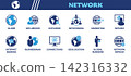Network and Global Communication Icon Set. Collection of Globe, Influencer, Netizen, Explorer, Networking, Internet Banking, Connections, Geolocation, Global Business, Network Service and More Icons. 142316332