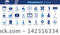 Pharmacy Icon Set. Collection of Pharmaceutical, Pharmacist, Consultant, Cross, Medicine, Pill, Vitamin, Vaccine, Insulin, Report, Prescription, First Aid Kit, Glucometer, Bandage, Inhaler, Eye Drop, 142316334