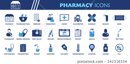 Pharmacy Icon Set. Collection of Pharmaceutical, Pharmacist, Consultant, Cross, Medicine, Pill, Vitamin, Vaccine, Insulin, Report, Prescription, First Aid Kit, Glucometer, Bandage, Inhaler, Eye Drop, Pharmacy Icon Set. Collection of Pharmaceutical, Pharmacist, Consultant, Cross, Medicine, Pill, Vitamin, Vaccine, Insulin, Report, Prescription, First Aid Kit, Glucometer, Bandage, Inhaler, Eye Drop, 142316334