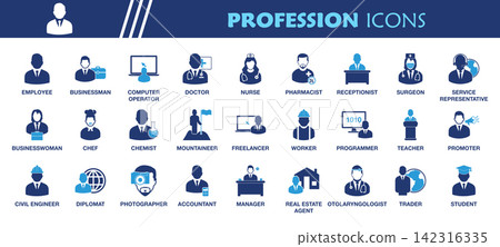 Profession Icon Set. Collection of Businessman, Doctor, Surgeon, Nurse, Pharmacist, Chef, Manager, Accountant, Photographer, Freelancer, Programmer, Computer Operator, Teacher, Student, Engineer, Profession Icon Set. Collection of Businessman, Doctor, Surgeon, Nurse, Pharmacist, Chef, Manager, Accountant, Photographer, Freelancer, Programmer, Computer Operator, Teacher, Student, Engineer, 142316335
