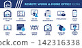 Remote Work and Home Office Icon Set. Collection of Video Conference, Online Meeting, Video Call, Remote Team, Freelancing, Time Management, Deadline Alert and More Icons. Editable Flat Vector 142316338