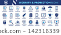 Security and Protection Icon Set. Collection of Log Monitoring, Encryption, Two Factor Authentication, Privacy, Lock, Access Control, Penetration Testing and More Icons. Editable Flat Vector 142316339