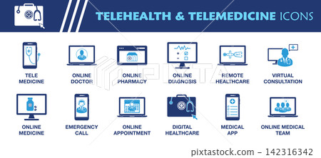 Telehealth and Telemedicine Icon Set. Collection of Online Doctor, Virtual Consultation, Emergency Call, Medical App, Digital Healthcare and More Icons. Editable Flat Vector Illustration. Telehealth and Telemedicine Icon Set. Collection of Online Doctor, Virtual Consultation, Emergency Call, Medical App, Digital Healthcare and More Icons. Editable Flat Vector Illustration. 142316342