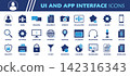 UI and APP Interface Icon Set. Collection of Profile, Home, Dashboard, Computer, Mobile Phone, Internet, Location, Security and More Icons. Editable Flat Vector Illustration. 142316343
