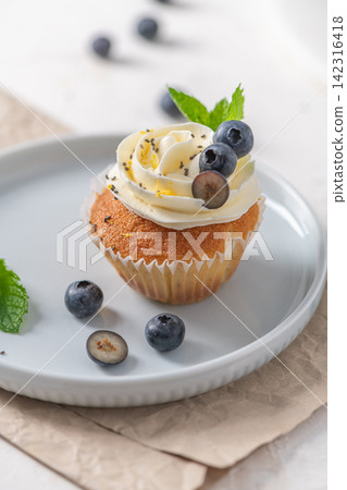 Delicious blueberry and chia seed cupcake on a light grey plate Delicious blueberry and chia seed cupcake on a light grey plate 142316418