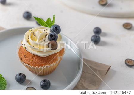 Single blueberry cupcake with white frosting on a ceramic plate Single blueberry cupcake with white frosting on a ceramic plate 142316427
