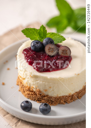 Mini cheesecake with berry compote and fresh blueberries on a plate Mini cheesecake with berry compote and fresh blueberries on a plate 142316449