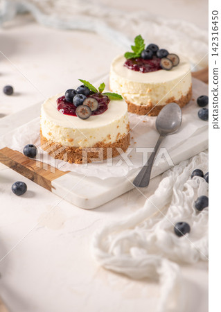 Mini cheesecakes with fresh blueberries and berry compote on a marble board Mini cheesecakes with fresh blueberries and berry compote on a marble board 142316450