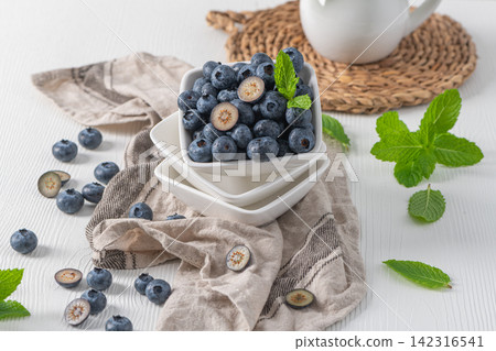 Fresh Blueberries in a White Bowl with Mint 142316541