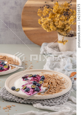 Healthy breakfast plates with yogurt berry compote and cereal Healthy breakfast plates with yogurt berry compote and cereal 142316575