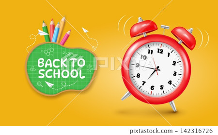 Back to school background. The text Back to school on a blackboard, with pencils, an alarm clock, and paper airplanes on a yellow background. Back to school background. The text Back to school on a blackboard, with pencils, an alarm clock, and paper airplanes on a yellow background. 142316726