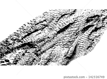 Diagonal muddy tire track with deep tread grooves and rough texture Diagonal muddy tire track with deep tread grooves and rough texture 142316749
