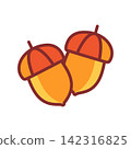 Two stylized acorns with warm orange and yellow tones in minimal flat outline illustration suitable for seasonal design, with acorn, nut, autumn, fall detail, showing seasonal, orange, yellow, warm 142316825