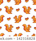 Seamless pattern of orange cartoon squirrels with acorns in repeating arrangement on white background, with squirrel, acorn, pattern, seamless detail, showing repeat, cartoon, orange, autumn context 142316828
