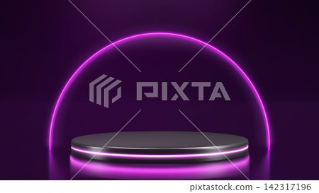Futuristic 3d glowing podium with purple arch 142317196