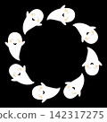 Cute Ghosts round frame isolated on black background. Halloween scary characters for design, sticker, invitation, poster, flyer, holiday, greeting card, sale, banner. 142317275