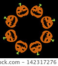 Jack-o-lantern round frame. Halloween pumpkin lantern. Decorative element for design, holiday, greeting card, invitation, sale, banner. 142317276