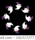 Cute Ghost witch hat round frame isolated on black background. Halloween scary characters for design, sticker, invitation, poster, flyer, holiday, greeting card, sale, banner. 142317277
