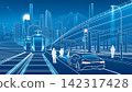 Futuristic smart city with modern trains, electric car, pedestrians and elevated highway infrastructure. Blue technology illustration of urban mobility, public transportation 142317428
