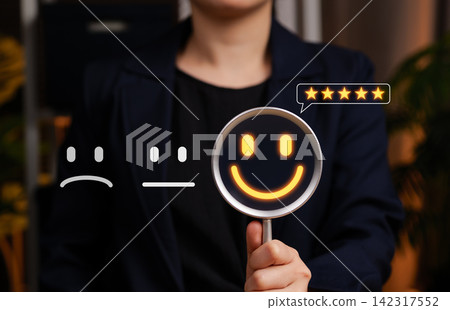 Customer satisfaction and feedback rating concept. Smiling face with five-star review. Perfect for user experience evaluation, service quality, client experience, loyalty, online reputation themes, Customer satisfaction and feedback rating concept. Smiling face with five-star review. Perfect for user experience evaluation, service quality, client experience, loyalty, online reputation themes, 142317552
