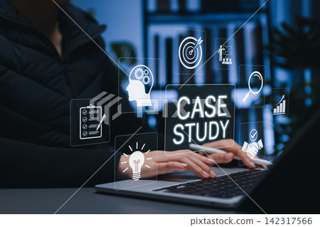 Case study analysis concept. Person using laptop with icons of checklist, ideas, strategy, and data, symbolizing research, business insight, learning from experience, and practical problem-solving. Case study analysis concept. Person using laptop with icons of checklist, ideas, strategy, and data, symbolizing research, business insight, learning from experience, and practical problem-solving. 142317566