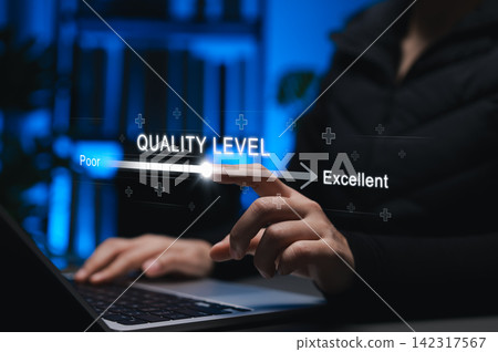 Quality level improvement concept. Person adjusting digital slider from poor to excellent, representing performance optimization, product evaluation, high business standards, quality increase, Quality level improvement concept. Person adjusting digital slider from poor to excellent, representing performance optimization, product evaluation, high business standards, quality increase, 142317567